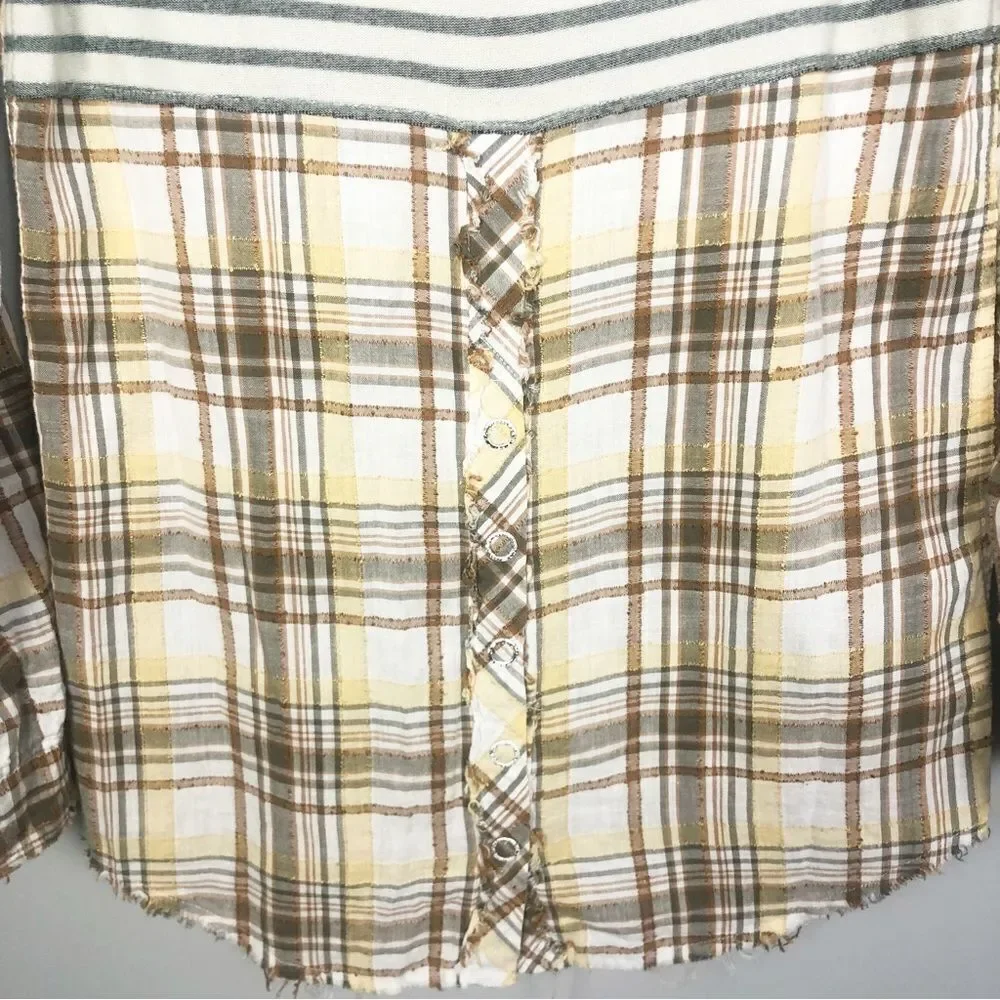 FREE PEOPLE | Park Ranger Plaid Button Down Top Knit Accents Women’s Size XS